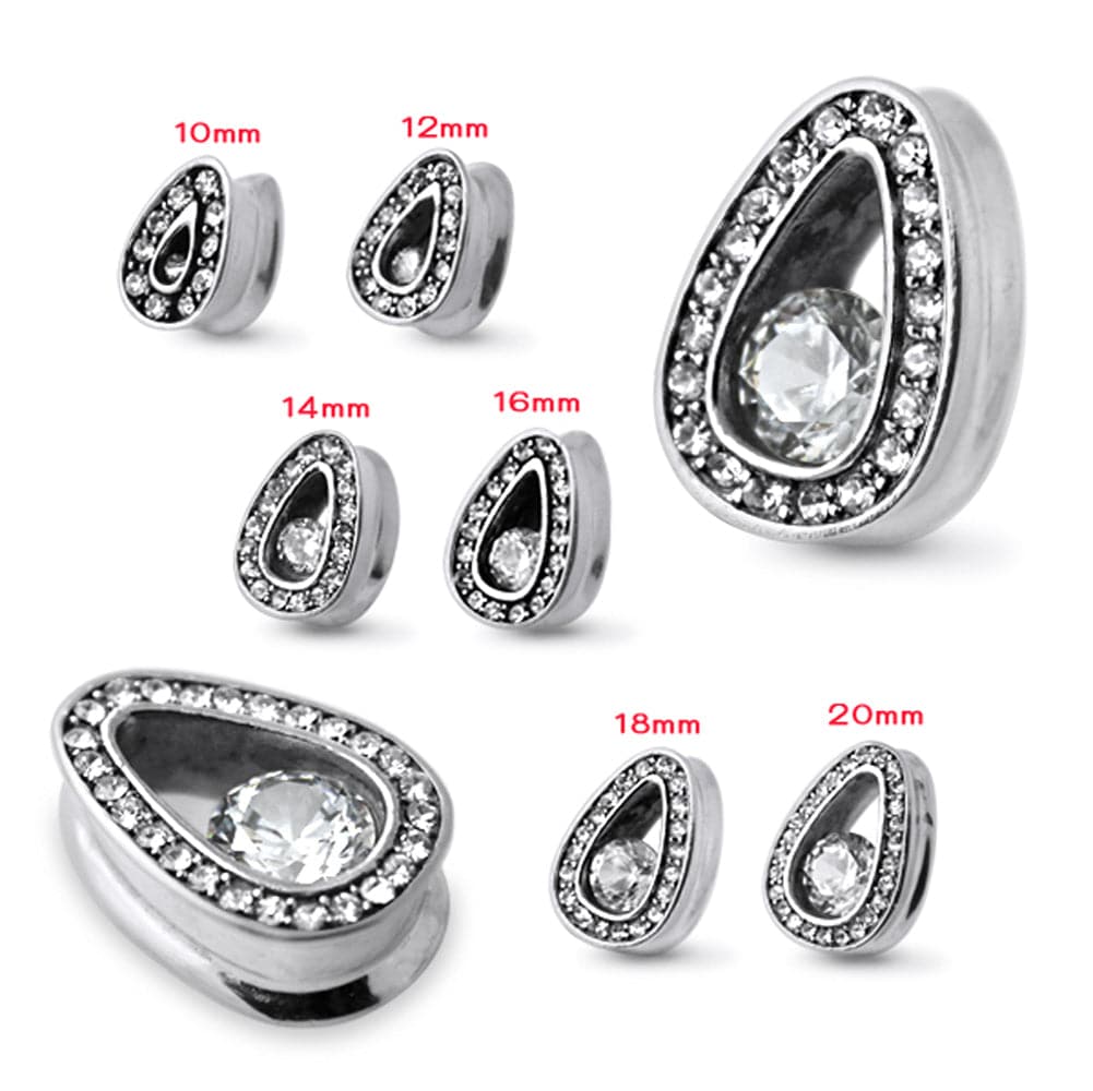 316L Surgical Steel Clear CZ Jewelled Tear Drop Ear Plug