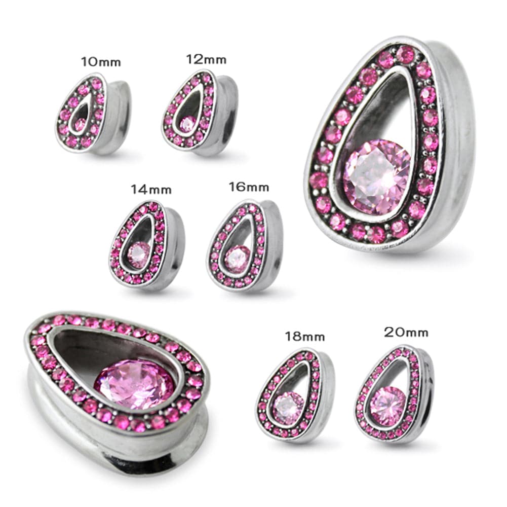 316L Surgical Steel Pink Jewelled Tear Drop Ear Plug