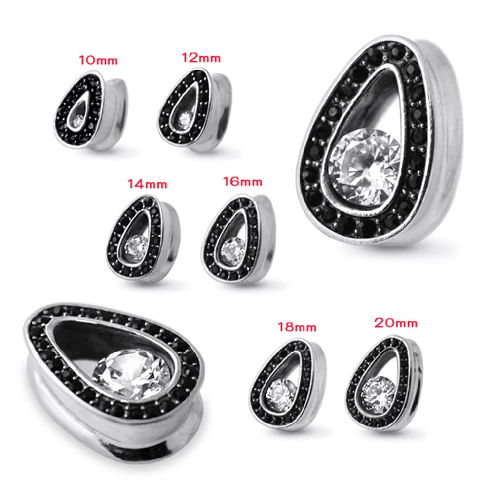 316L Surgical Steel Black CZ Jewelled Tear Drop Ear Plug