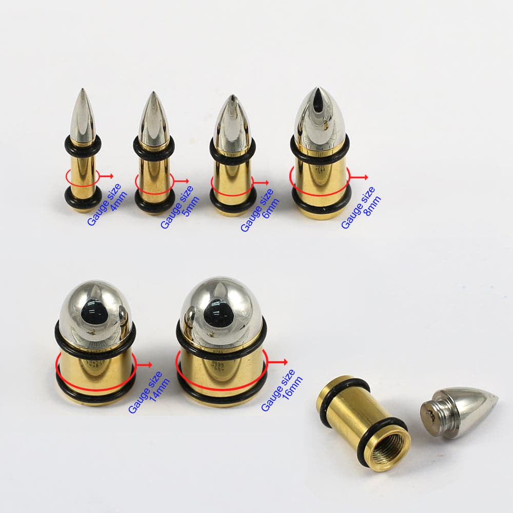 316L Surgical Steel & Gold Bullet with O-Rings Internally Threaded Tunnel