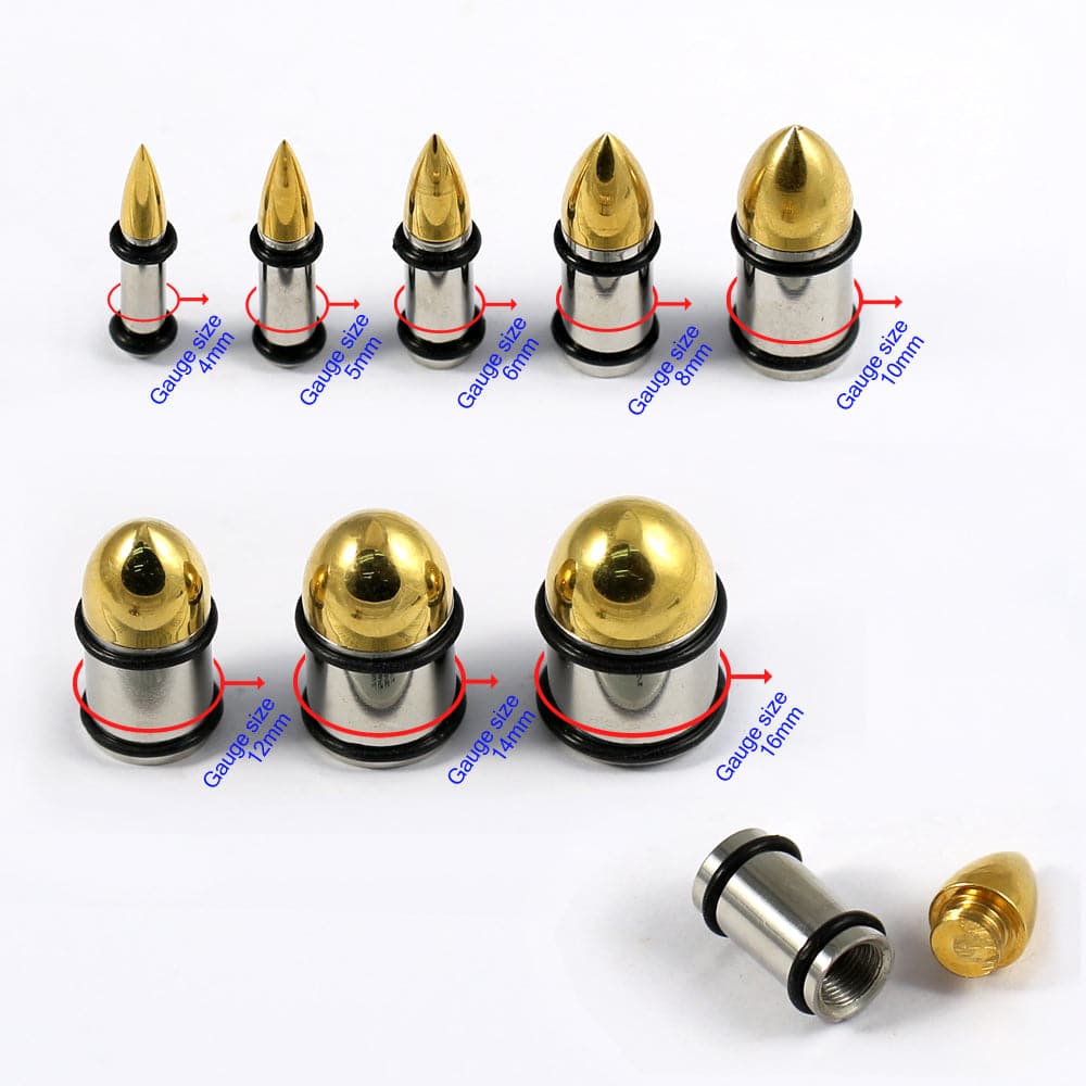 316L Surgical Steel & Gold Top Bullet with O-Rings Internally Threaded Tunnel