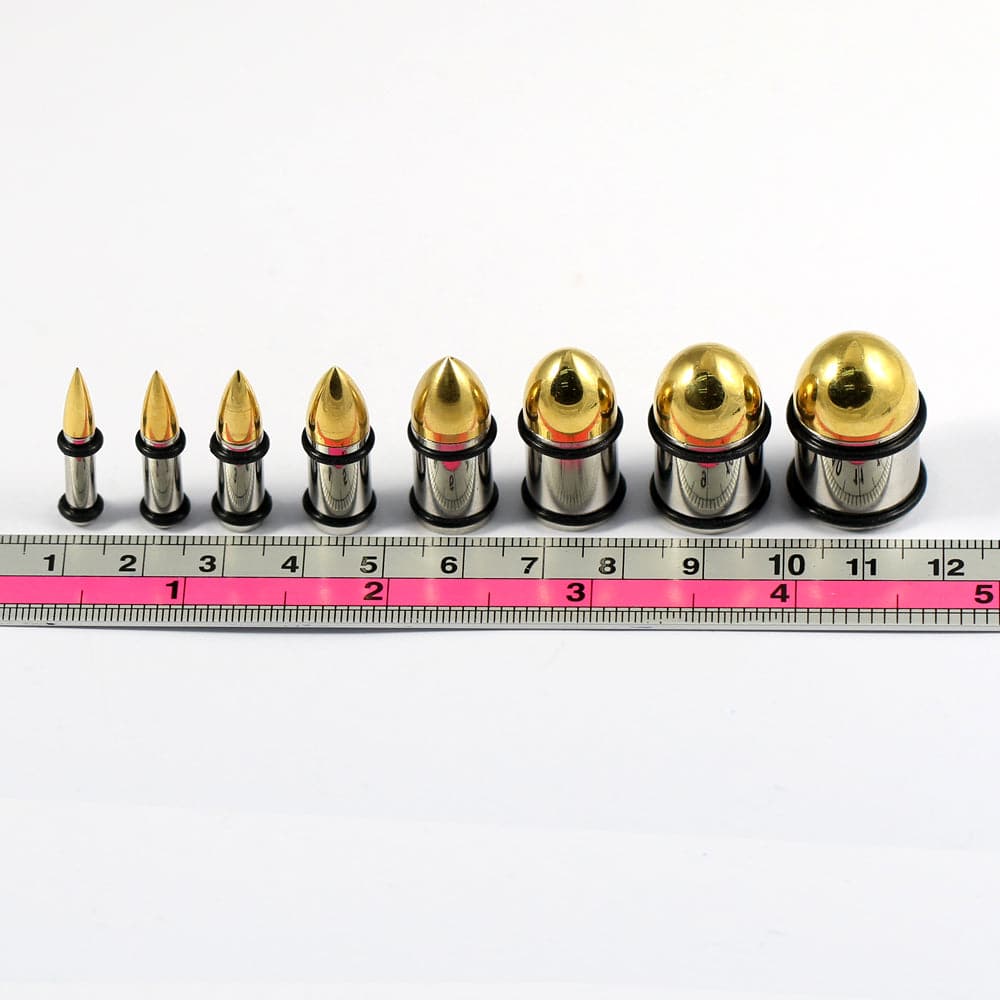 316L Surgical Steel & Gold Top Bullet with O-Rings Internally Threaded Tunnel