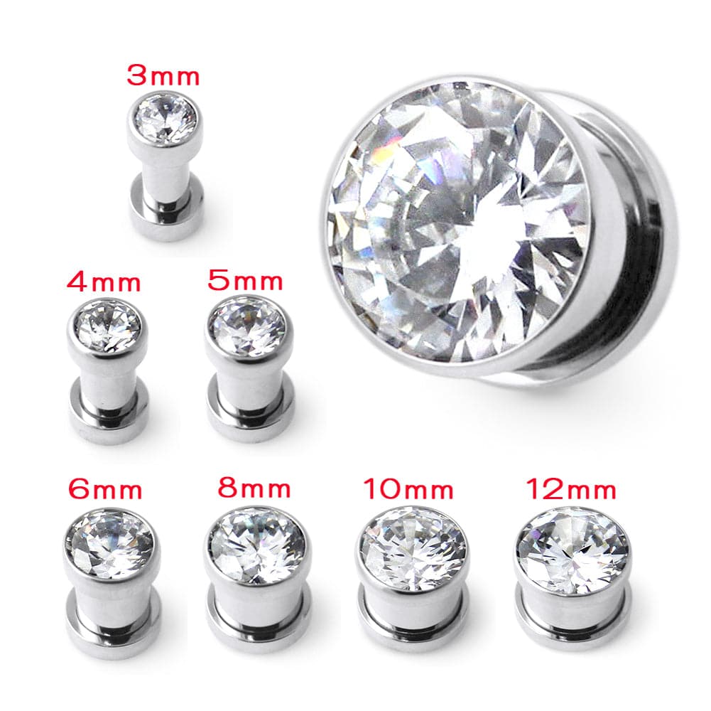 316L Surgical Steel Bezel Set Cubic Zirconia External Threaded Tunnel