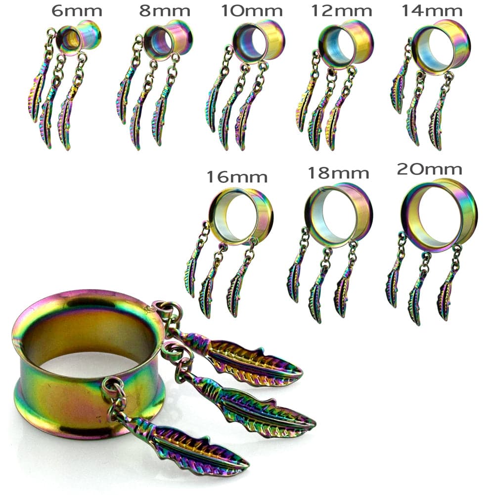 316L Surgical Steel Rainbow Dangling Leaves Double Flare Tunnel