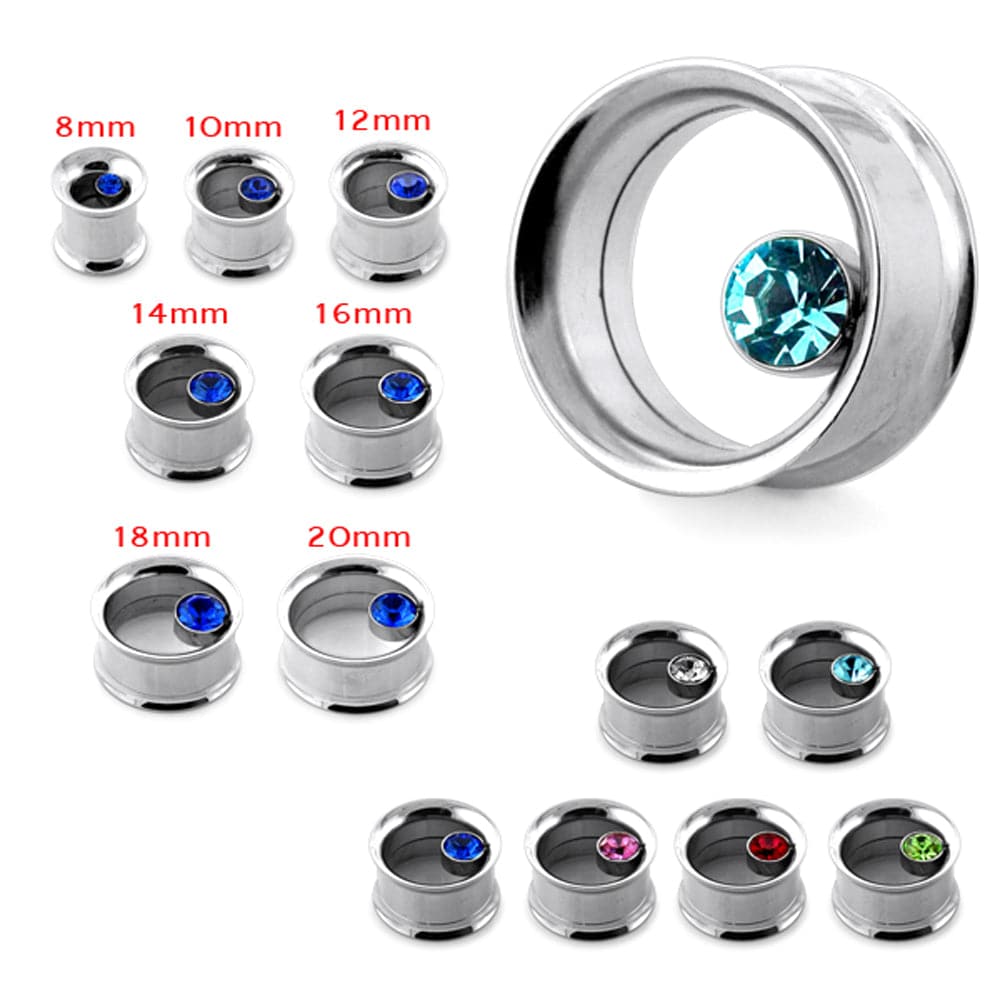 316L Surgical Steel Bezel Set Stone Internally Threaded Tunnel