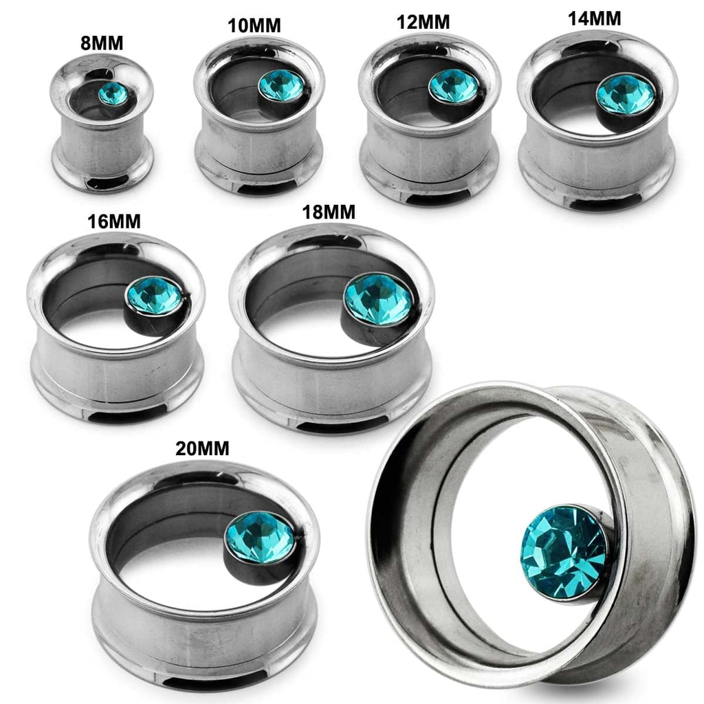 316L Surgical Steel Bezel Set Stone Internally Threaded Tunnel