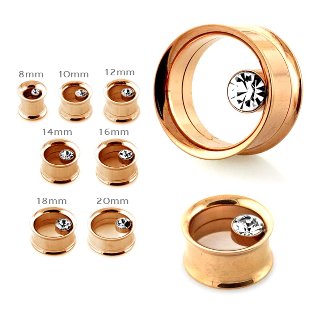 316L Surgical Steel Rose Gold Bezel Set Stone Internally Threaded Tunnel