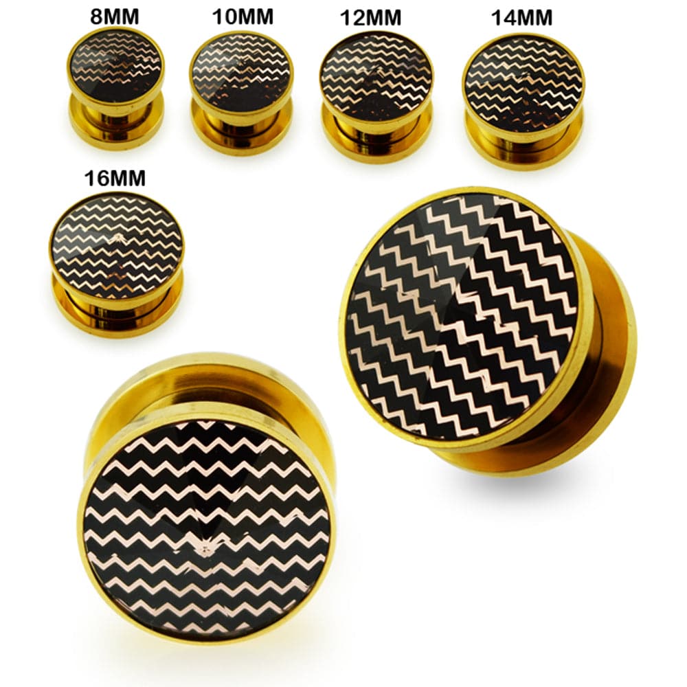 316L Surgical Steel Gold PVD Plated Cut-Out ZigZag Screw Fit Flesh Tunnel