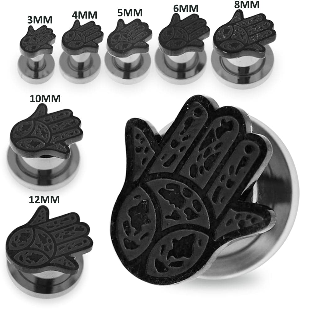 316L Surgical Steel Black Hamsa Hand Internally Threaded Tunnel