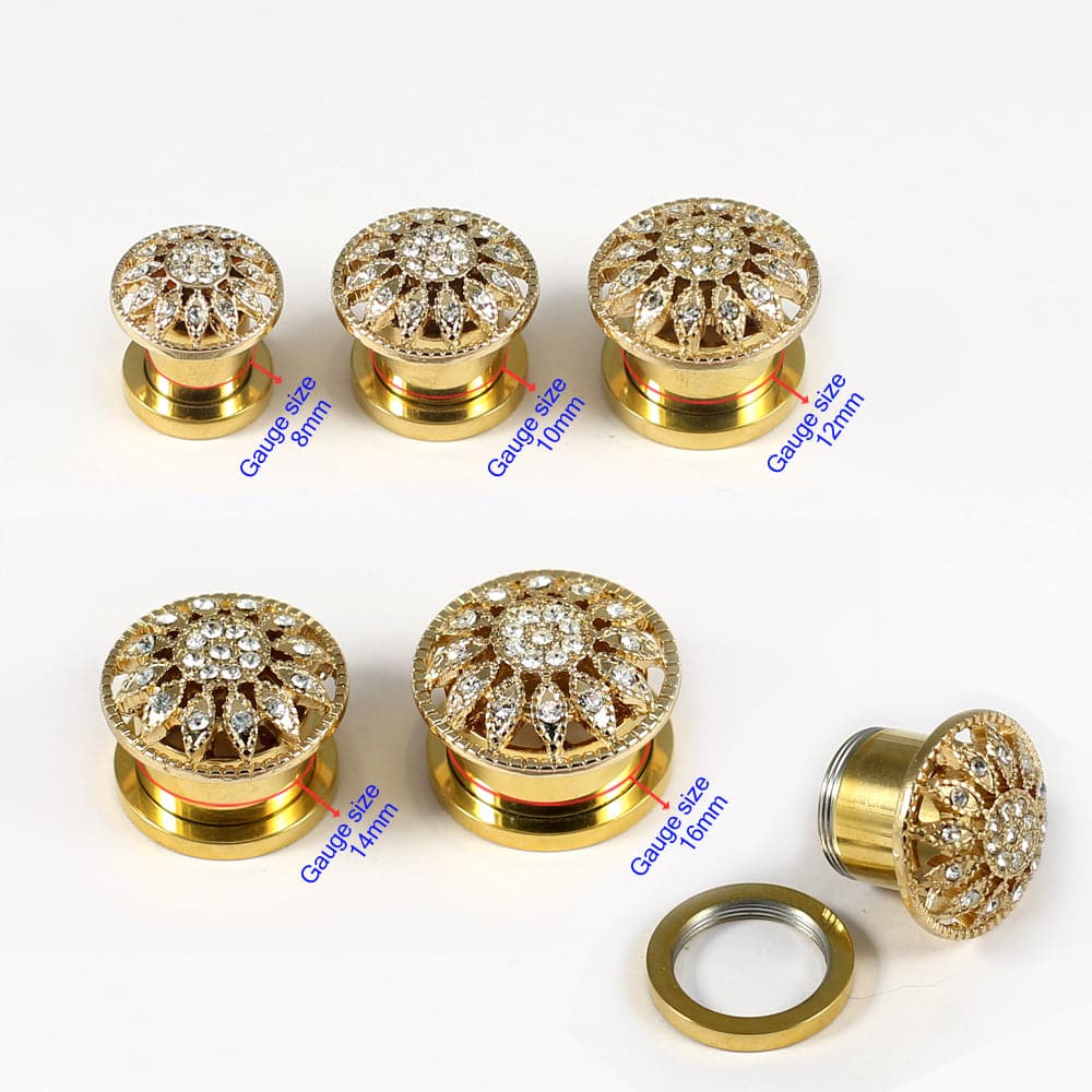 316L Surgical Steel Gold PVD Micro Jewelled Ear Flesh Tunnel