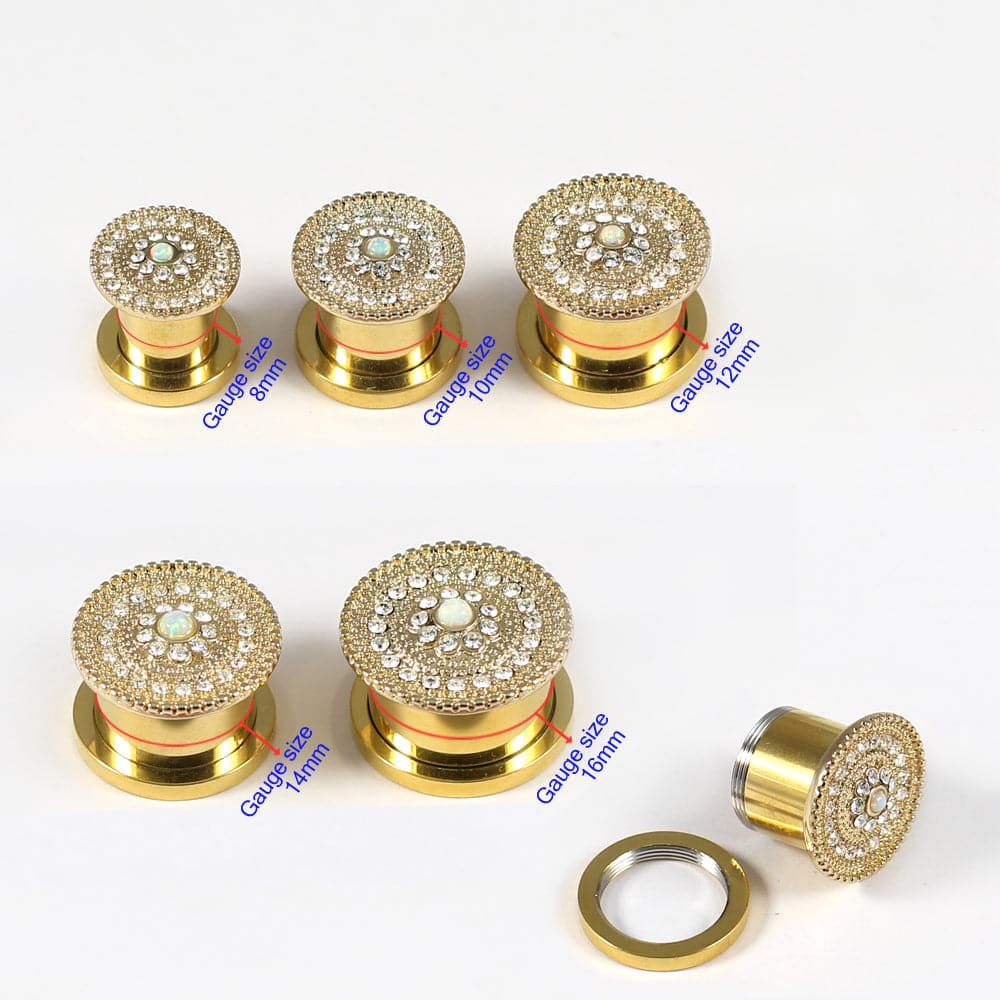 316L Surgical Steel with Gold PVD CZ and Opal Studded Ear Flesh Tunnel