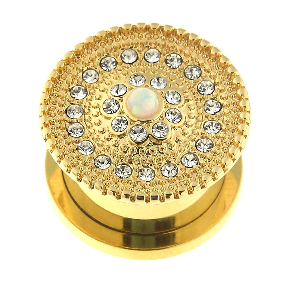 316L Surgical Steel with Gold PVD CZ and Opal Studded Ear Flesh Tunnel