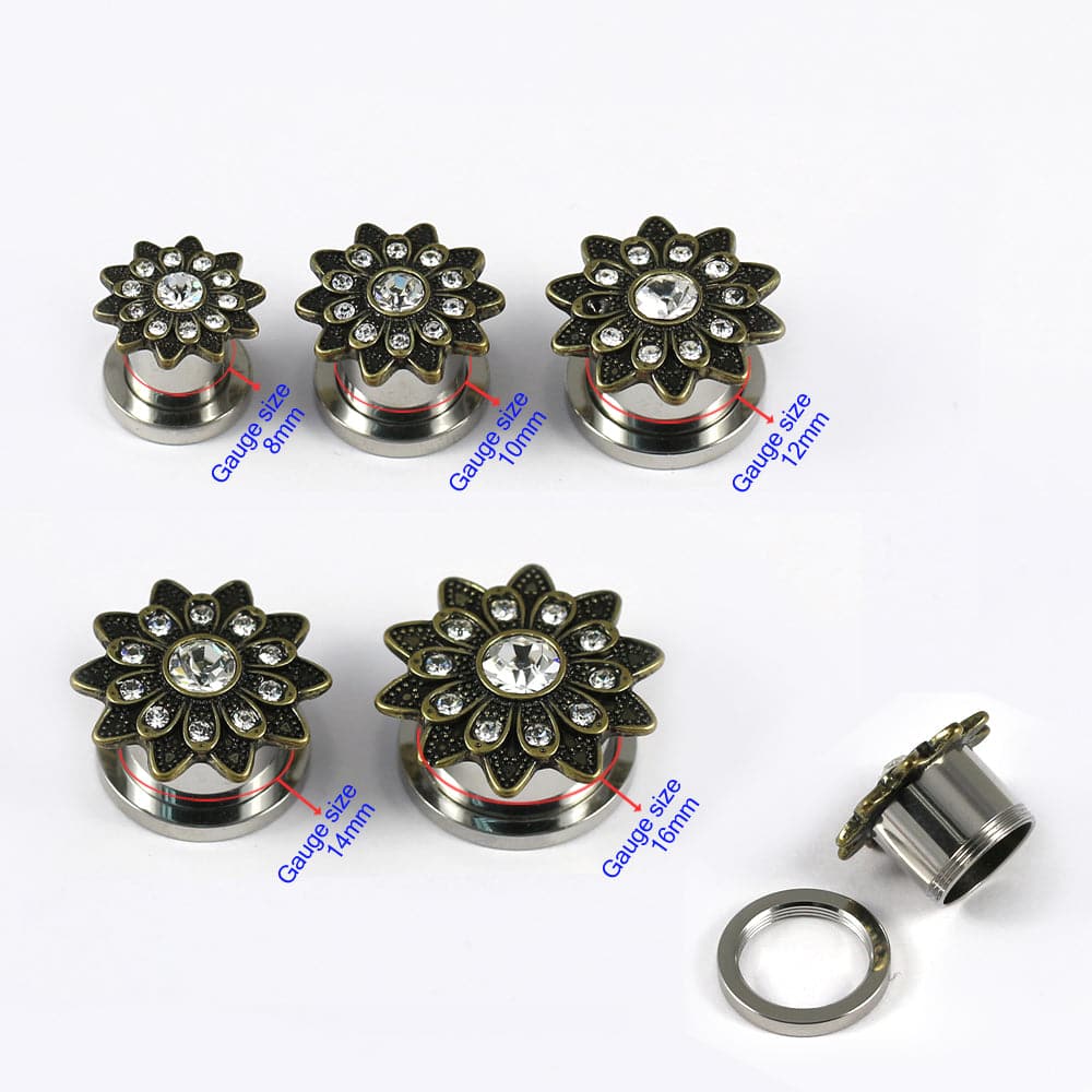 316L Surgical Steel Oxidised Flower Micro Jewelled CZ Stone Ear Flesh Tunnel