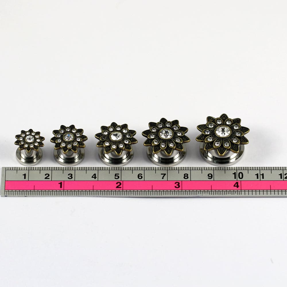 316L Surgical Steel Oxidised Flower Micro Jewelled CZ Stone Ear Flesh Tunnel