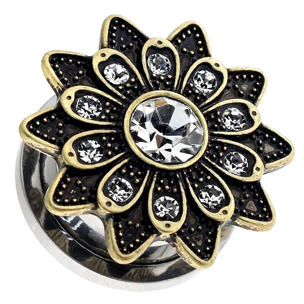 316L Surgical Steel Oxidised Flower Micro Jewelled CZ Stone Ear Flesh Tunnel