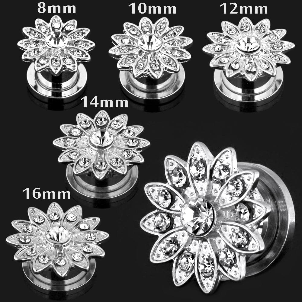 316L Surgical Steel Flower with Micro Jewelled CZ Stone Ear Flesh Tunnel