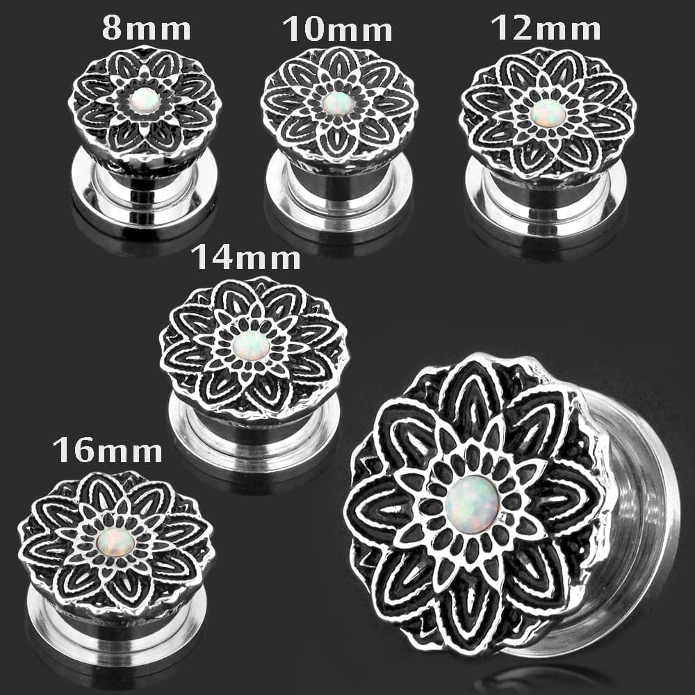 316L Surgical Steel Flower with Opal Stone Ear Flesh Tunnel