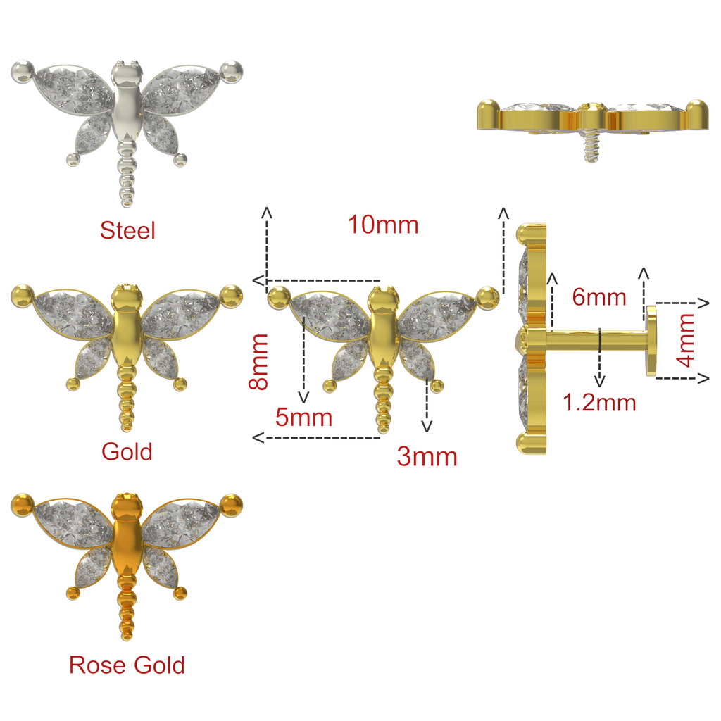 316L Surgical Steel CZ Jewelled Dragonfly Internally Threaded Cartilage Stud