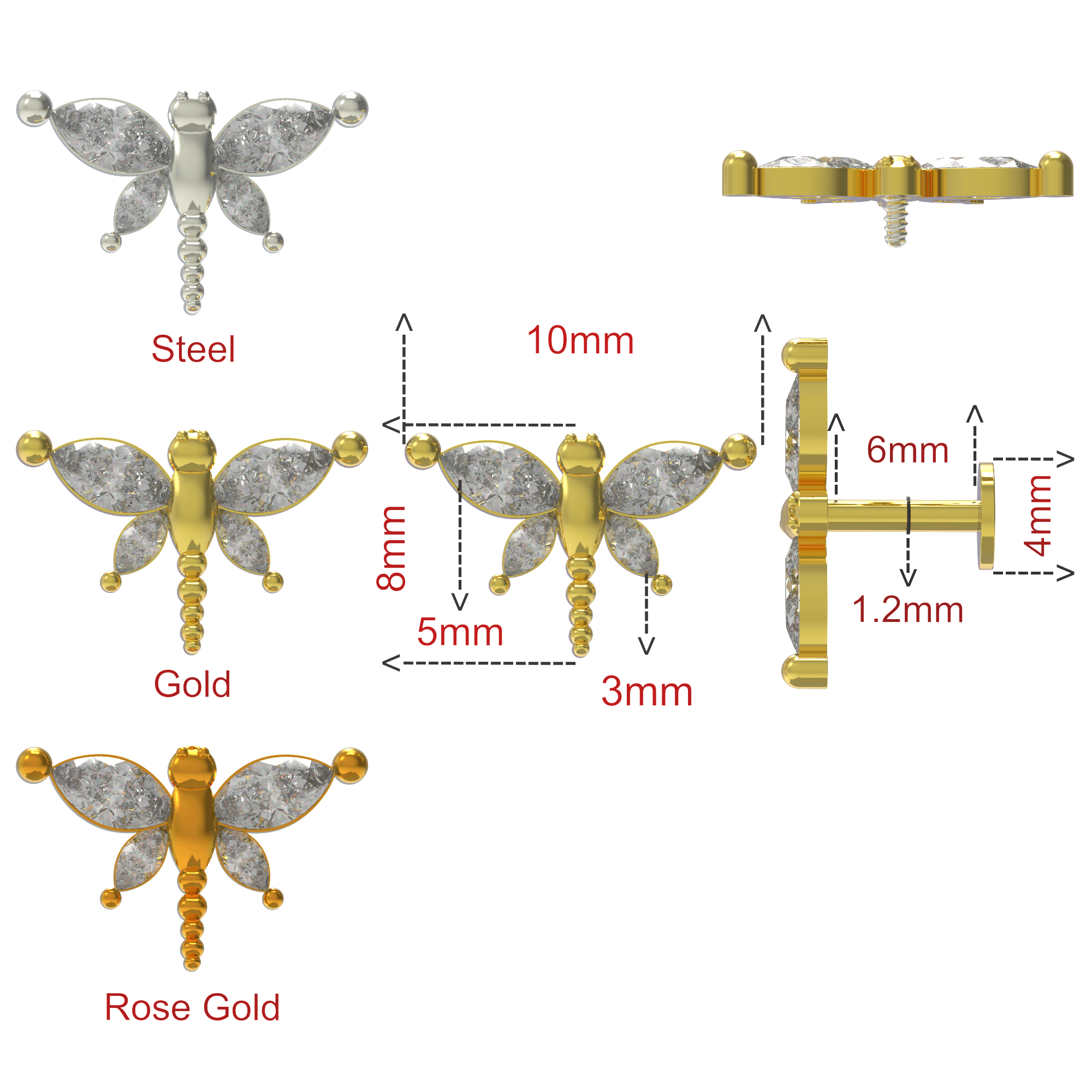 316L Surgical Steel CZ Jewelled Dragonfly Internally Threaded Cartilage Stud