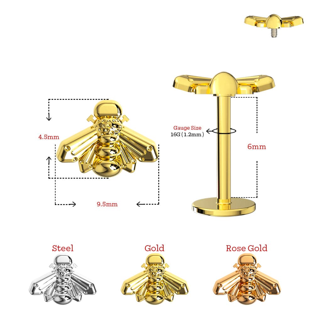 316L Surgical Steel Honeybee Internally Threaded Screw Fit Labret Stud