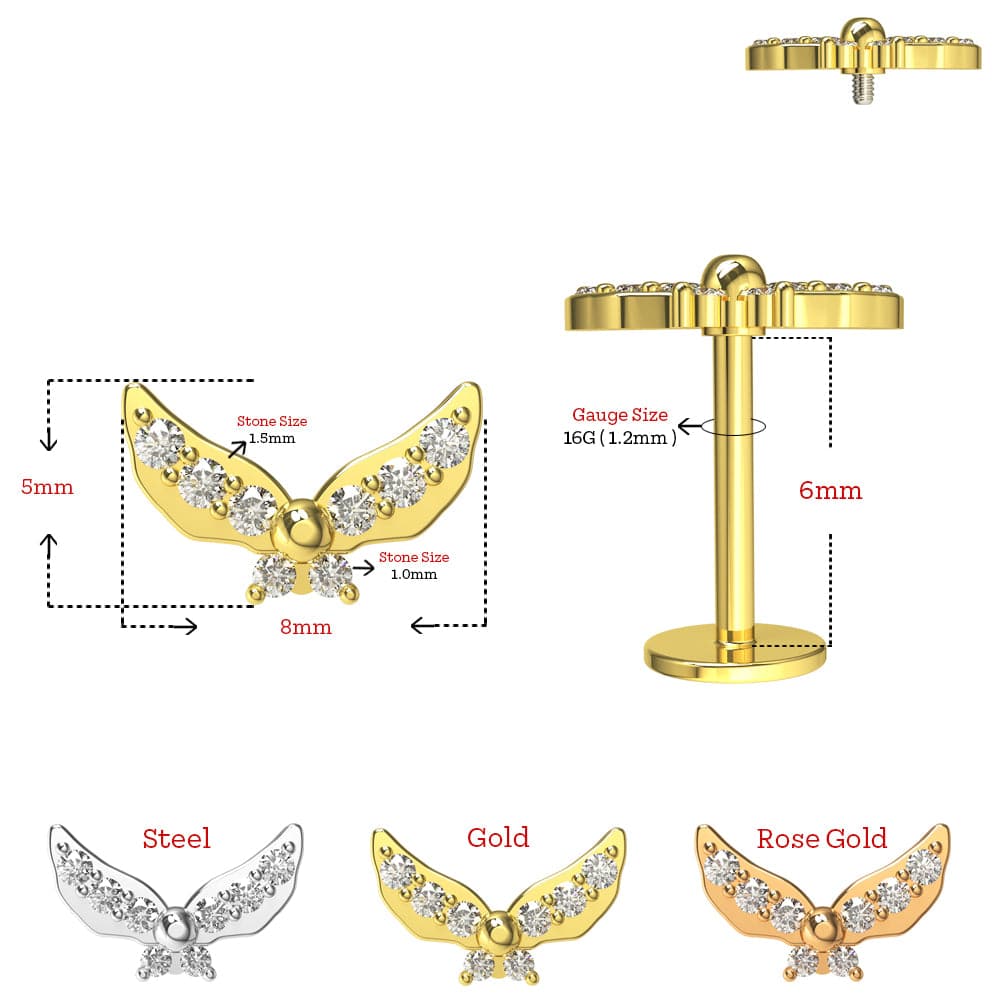 316L Surgical Steel Jewelled Butterfly Internally Threaded Screw Fit Labret Stud