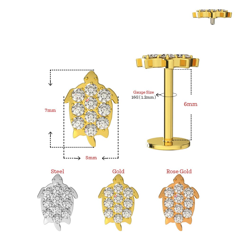 316L Surgical Steel Jewelled Turtle Internally Threaded Screw Fit Labret Stud