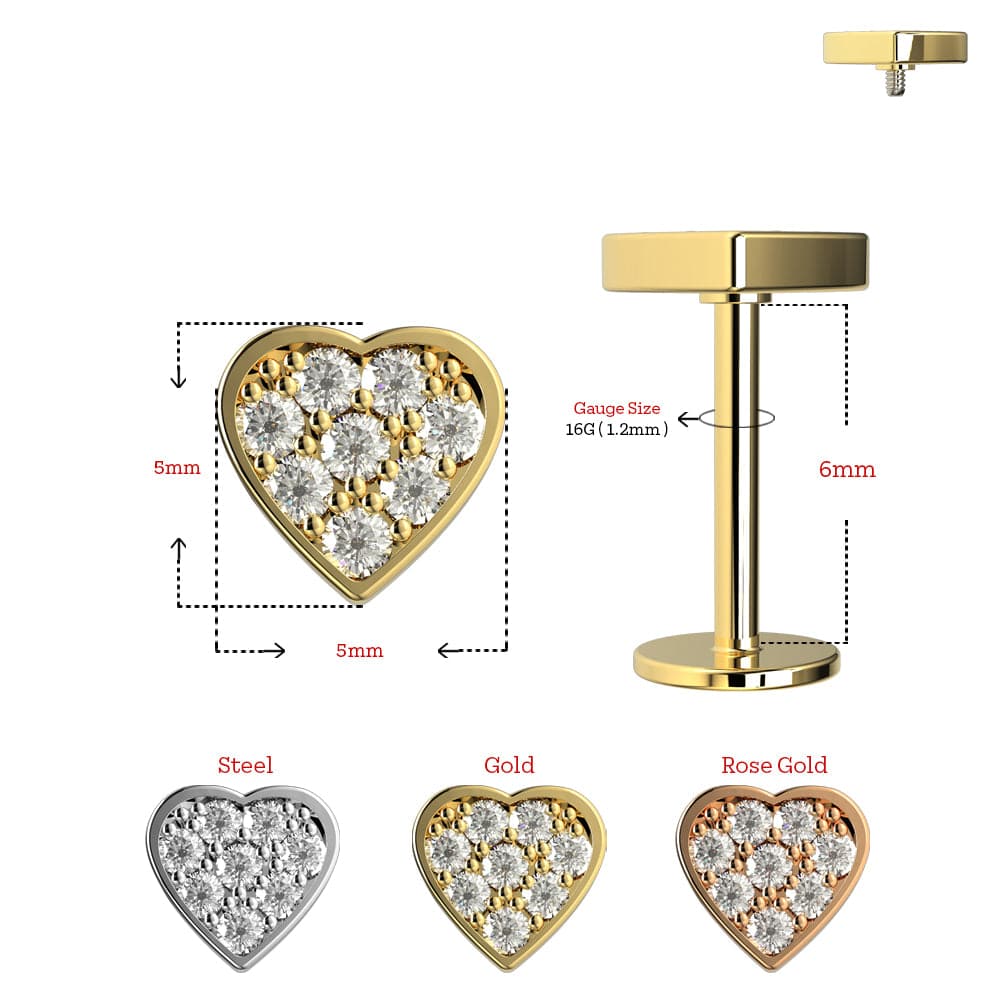 316L Surgical Steel Jewelled Heart Internally Threaded Screw Fit Labret Stud