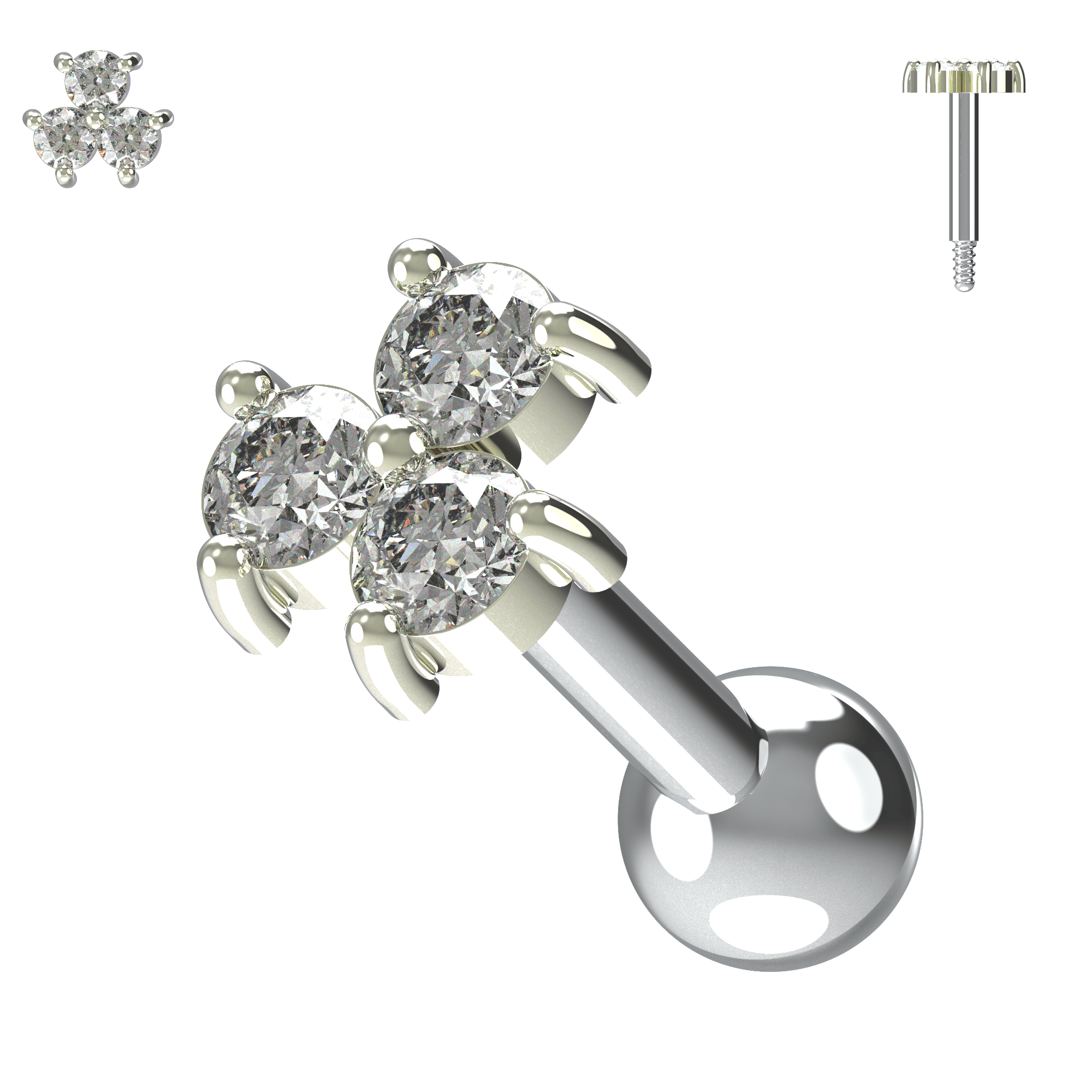 925 Sterling Silver Triple Gemstone Cartilage Ear Stud