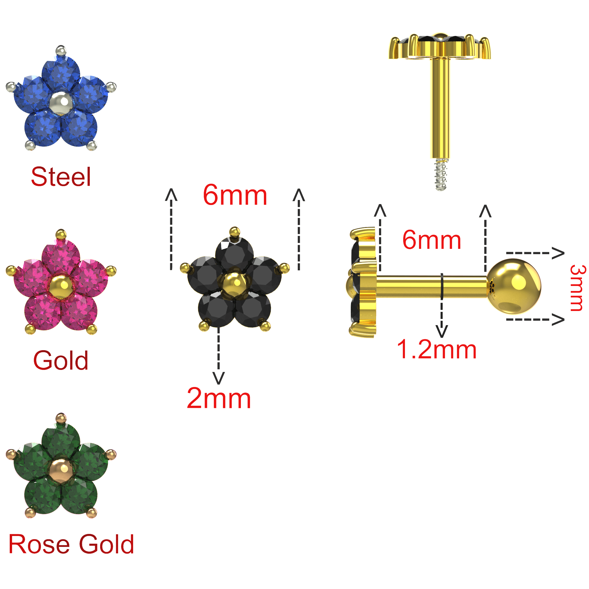 925 Sterling Silver Flower Gemstone Cartilage Ear Stud