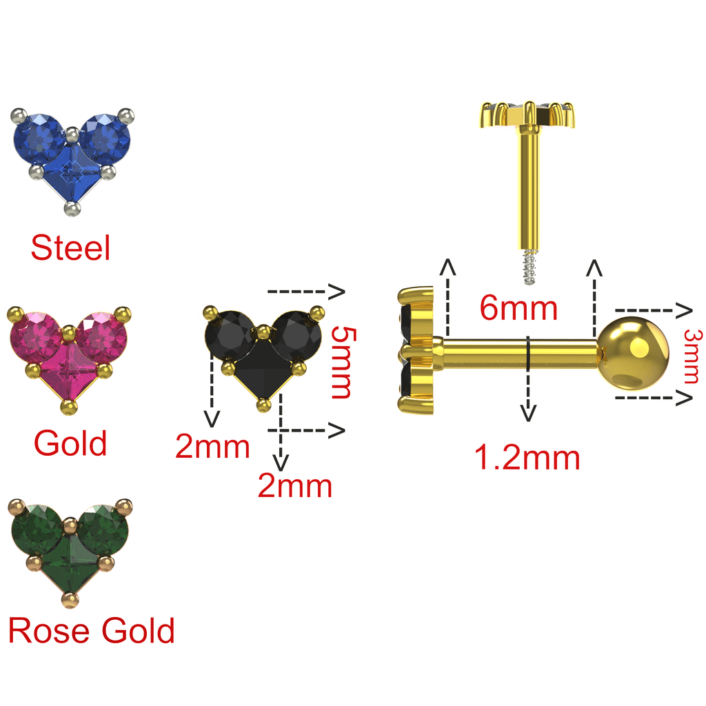 925 Sterling Silver Trinity Heart Jewelled Cartilage Ear Stud