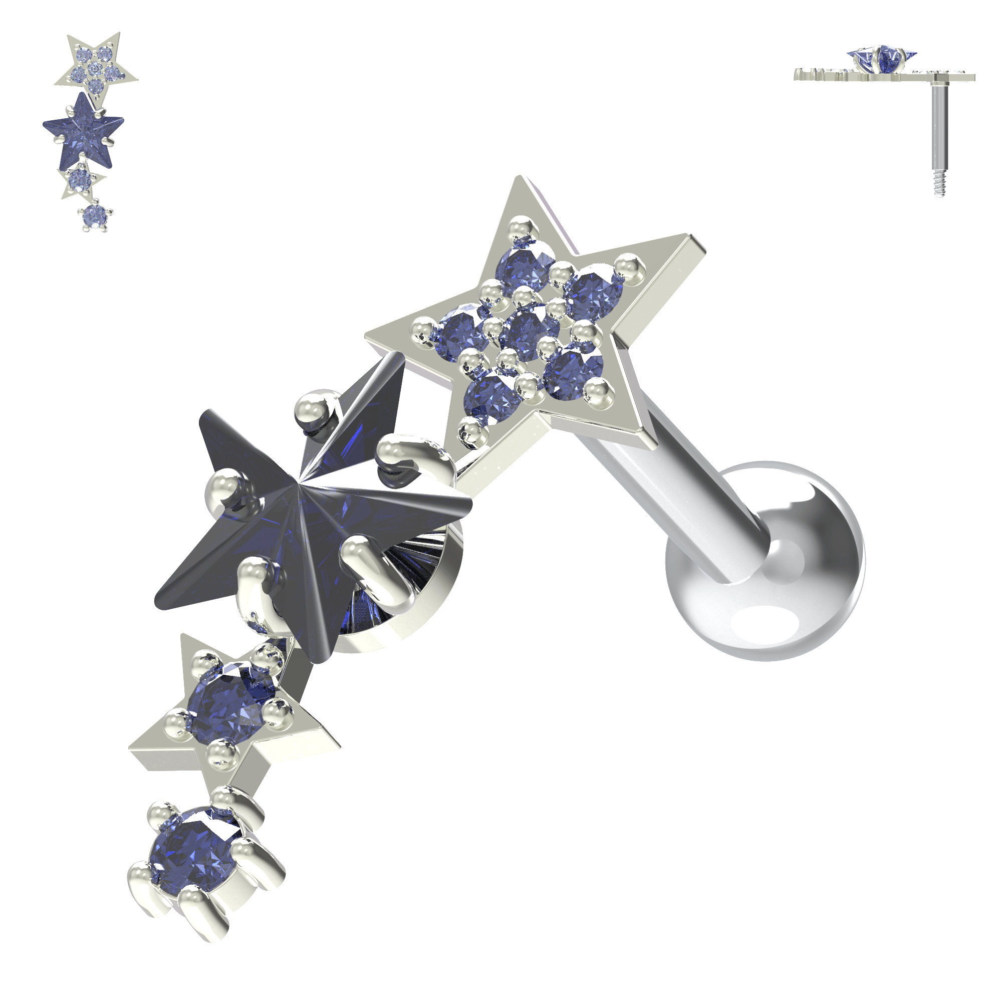 925 Sterling Silver Sparkling Stars Cartilage Stud