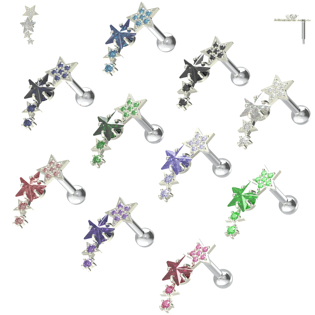 925 Sterling Silver Sparkling Stars Cartilage Stud