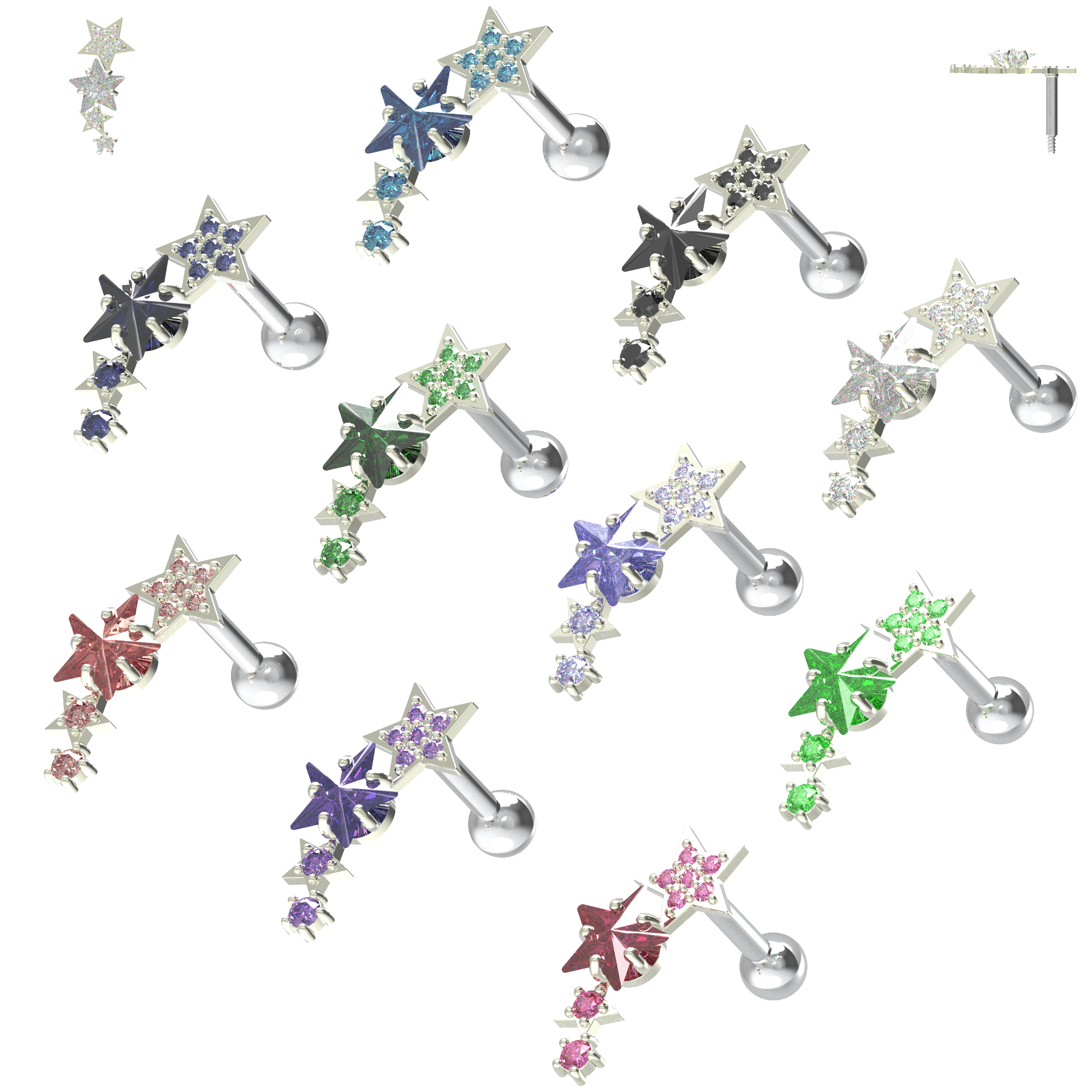 925 Sterling Silver Sparkling Stars Cartilage Stud