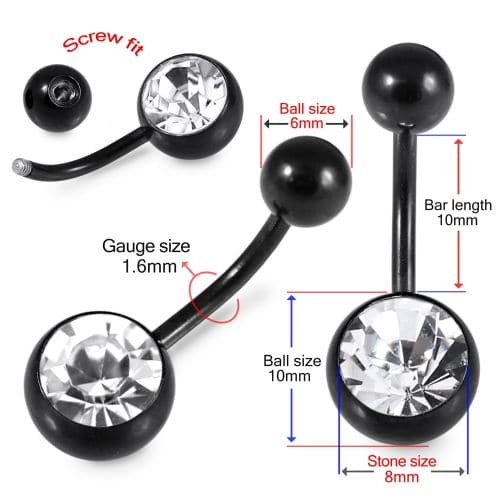 316L Surgical Steel Black Cubic Zirconia Studded Belly Ring