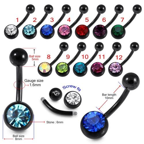 316L Surgical Steel Black Cubic Zirconia Studded Belly Ring