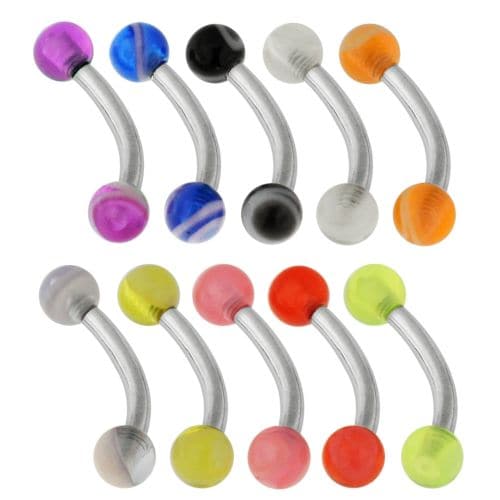 316L Surgical Steel Curved Bar with Random UV Ball (Pack of 10)