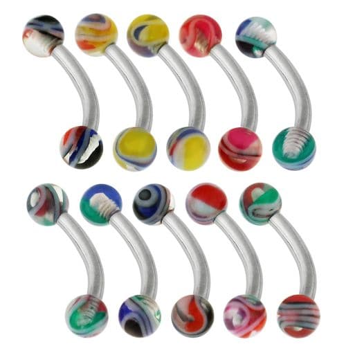 316L Surgical Steel Curved Bar with Trippy Marble UV Ball (Pack of 10)