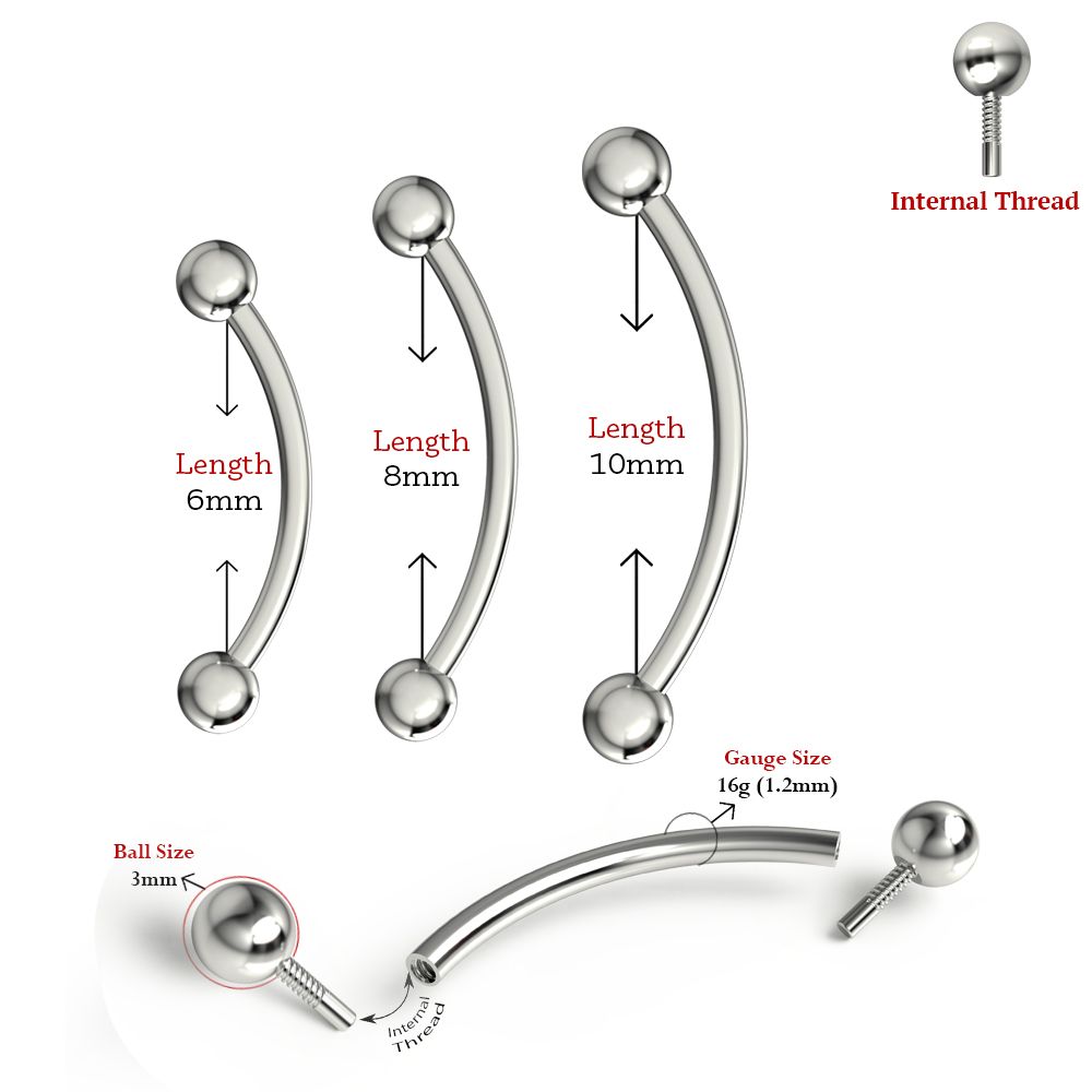 925 Sterling Silver Internally Threaded Ball End Curved Bar