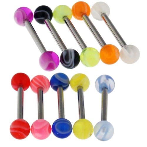 316L Surgical Steel Tongue Barbell with Neon Marble UV Balls (Pack of 10)