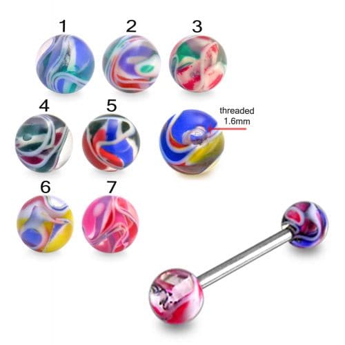 316L Surgical Steel Tongue Barbell in Mix Colour UV Balls (Pack of 10)