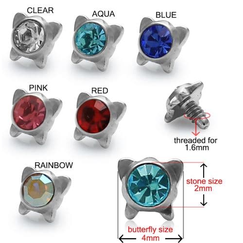 316L Surgical Steel Butterfly Jeweled Dermal Anchor Tops
