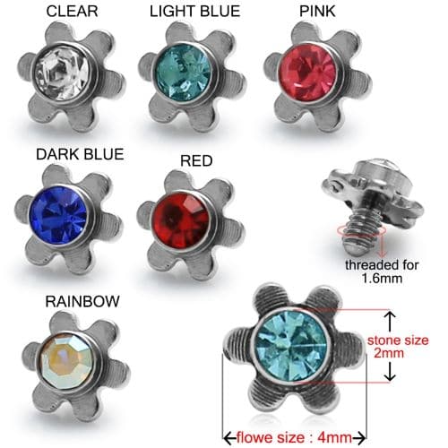 316L Surgical Steel Flower Jeweled Dermal Anchor Tops