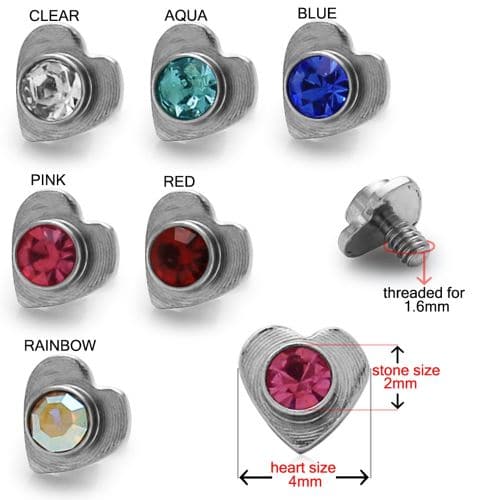 316L Surgical Steel Heart Jewelled Dermal Anchor Tops