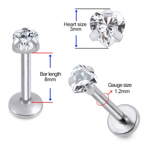 316L Surgical Steel Heart Jewelled Top Labret Bar