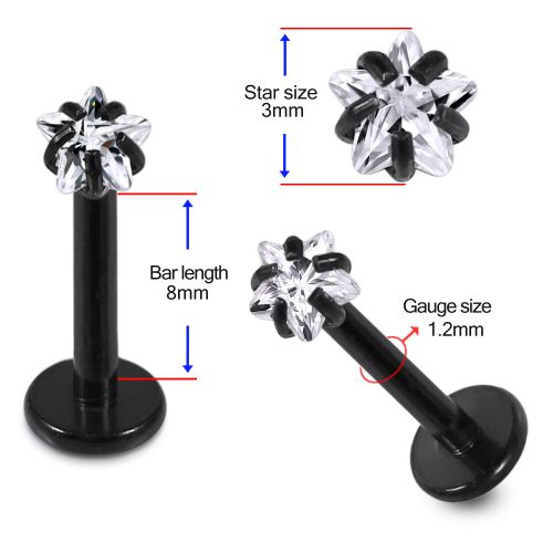 316L Surgical Steel Star stone Jewelled Top Black Anodised Labret Bar