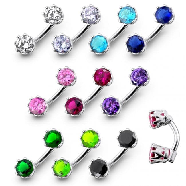 925 Sterling Silver Jewelled Duo Stones Spinal Belly Button Ring