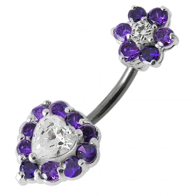 925 Sterling Silver Jewelled Heart & Flower Spinal Belly Button Ring