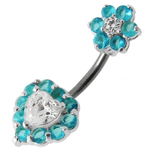 925 Sterling Silver Jewelled Heart & Flower Spinal Belly Button Ring