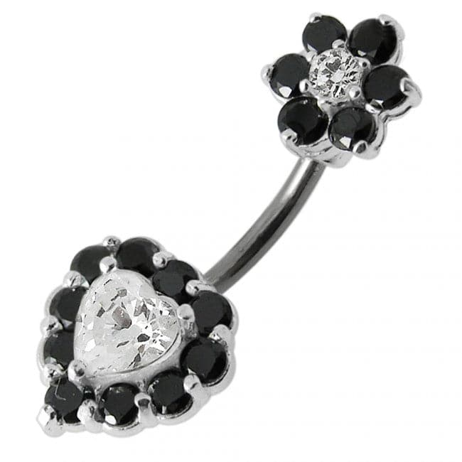 925 Sterling Silver Jewelled Heart & Flower Spinal Belly Button Ring