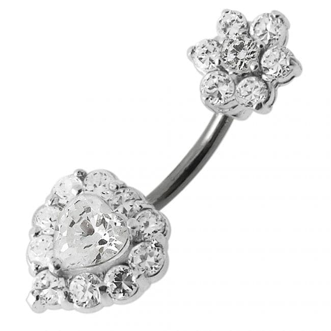 925 Sterling Silver Jewelled Heart & Flower Spinal Belly Button Ring